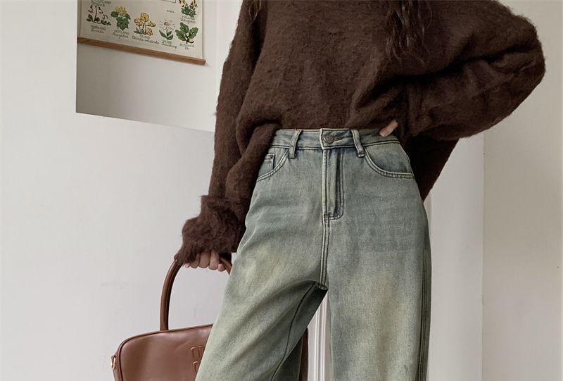 High Rise Fleece-Lined Washed Wide Leg Jeans Product Image