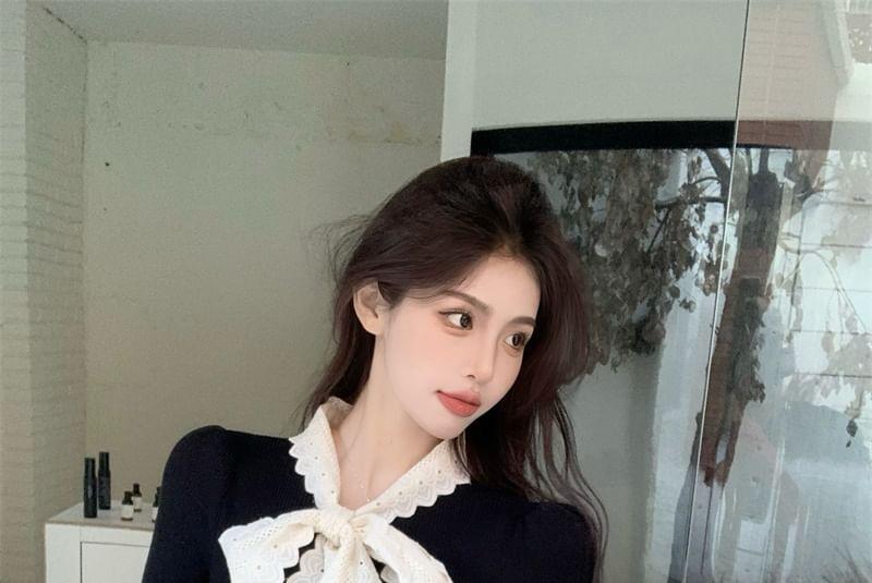 Long-Sleeve Tie-Neck Eyelet Lace Panel Slim Fit Crop Knit Top Product Image