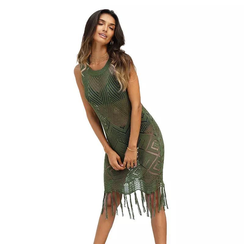 Womens CUPSHE Sleeveless Fringe Crochet Coverup Dress Green Product Image