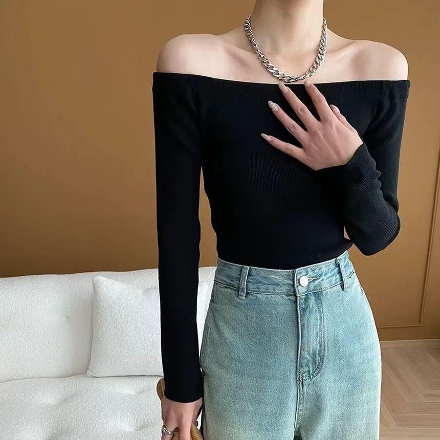 Off-Shoulder Plain Sweater Product Image