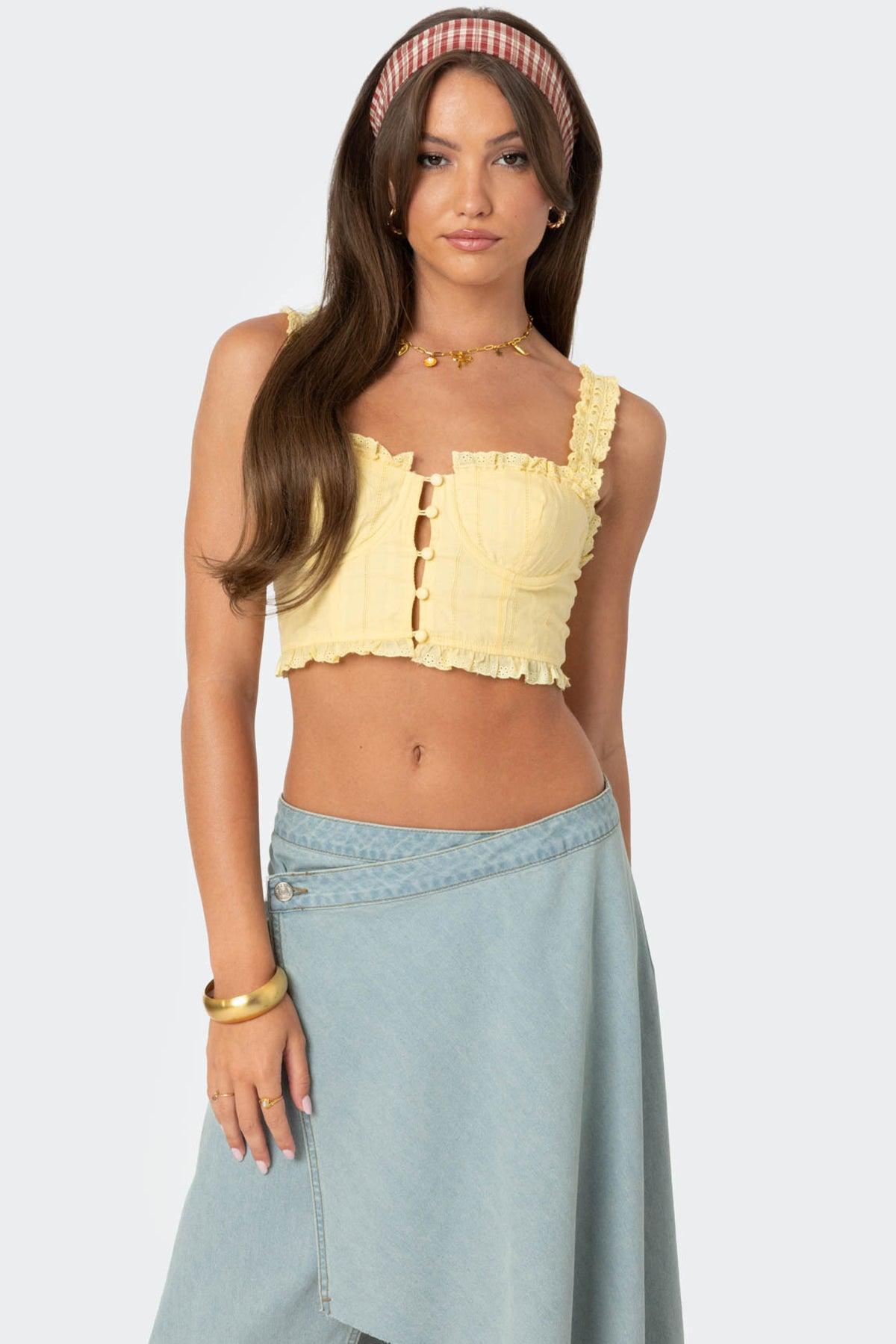 Button Front Cropped Eyelet Corset Product Image