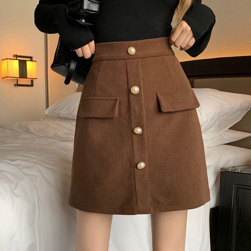 High-Waist Plain Corduroy A-Line Skirt Product Image