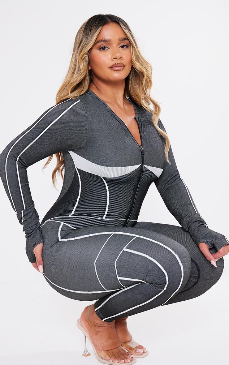 Shape Black Seamless Contrast Long Sleeve Zip Through Jumpsuit Product Image