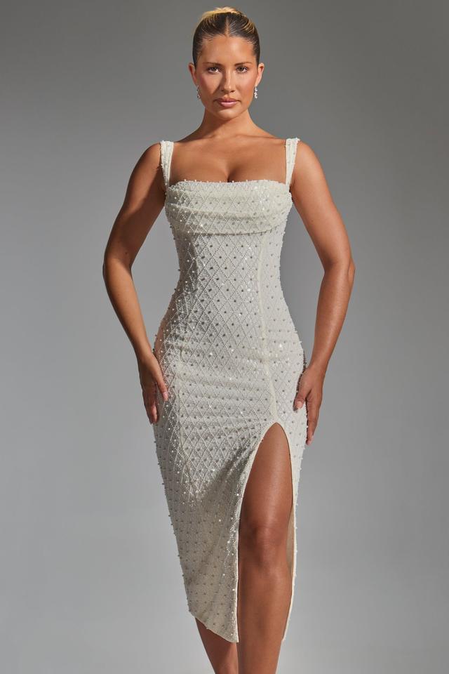 Embellished Cowl-Neck Midaxi Dress in White Product Image