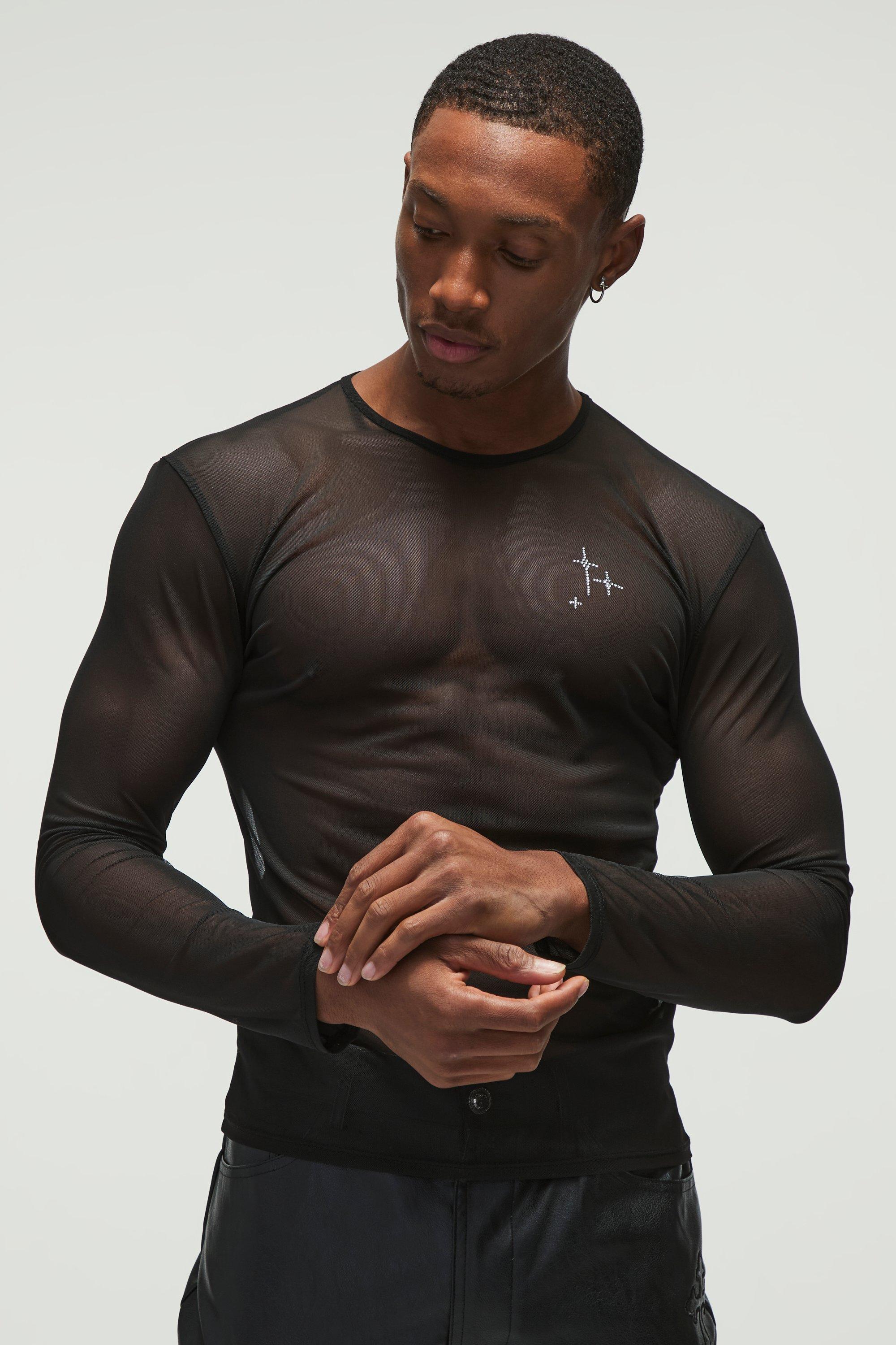 Power Mesh Muscle Fit Rhinestone Top | boohooMAN USA Product Image