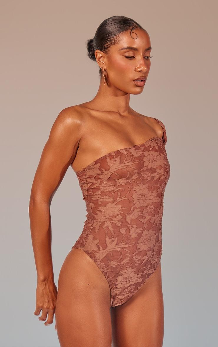 Mocha Floral Sheer Burnout Asymmetric Twist Detail Strap Bodysuit Product Image