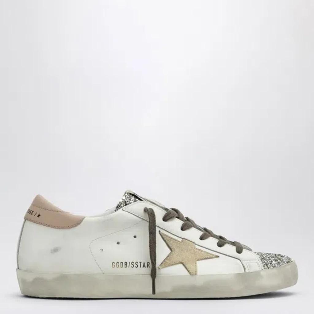 GOLDEN GOOSE Women's White/platinum Super Star Trainer With Glitter Sneaker | Size 38 | Gwf00102f006236 Product Image