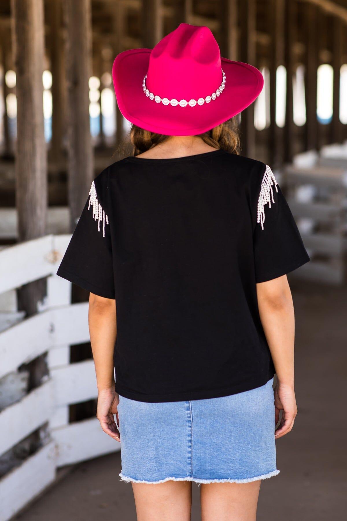 Black Short Sleeve Top With Beaded Fringe Product Image