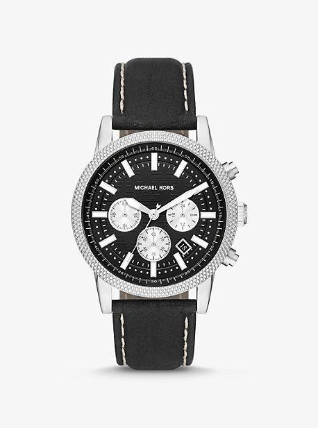 Oversized Hutton Silver-Tone and Leather Watch Product Image