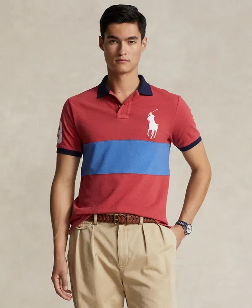 Men's Custom Slim Fit Big Pony Mesh Polo Shirt In Nantucket Red,newport Navy Product Image