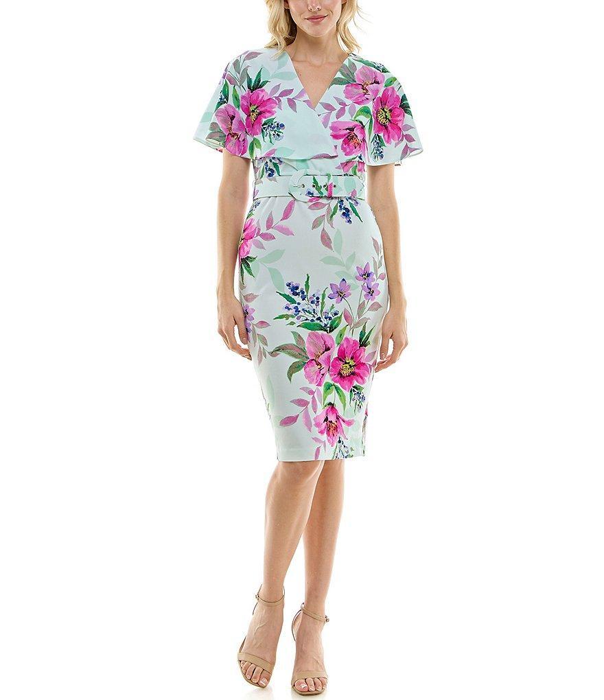 Maison Tara Short Caplet Sleeve V-Neck Floral Belted Sheath Dress Product Image