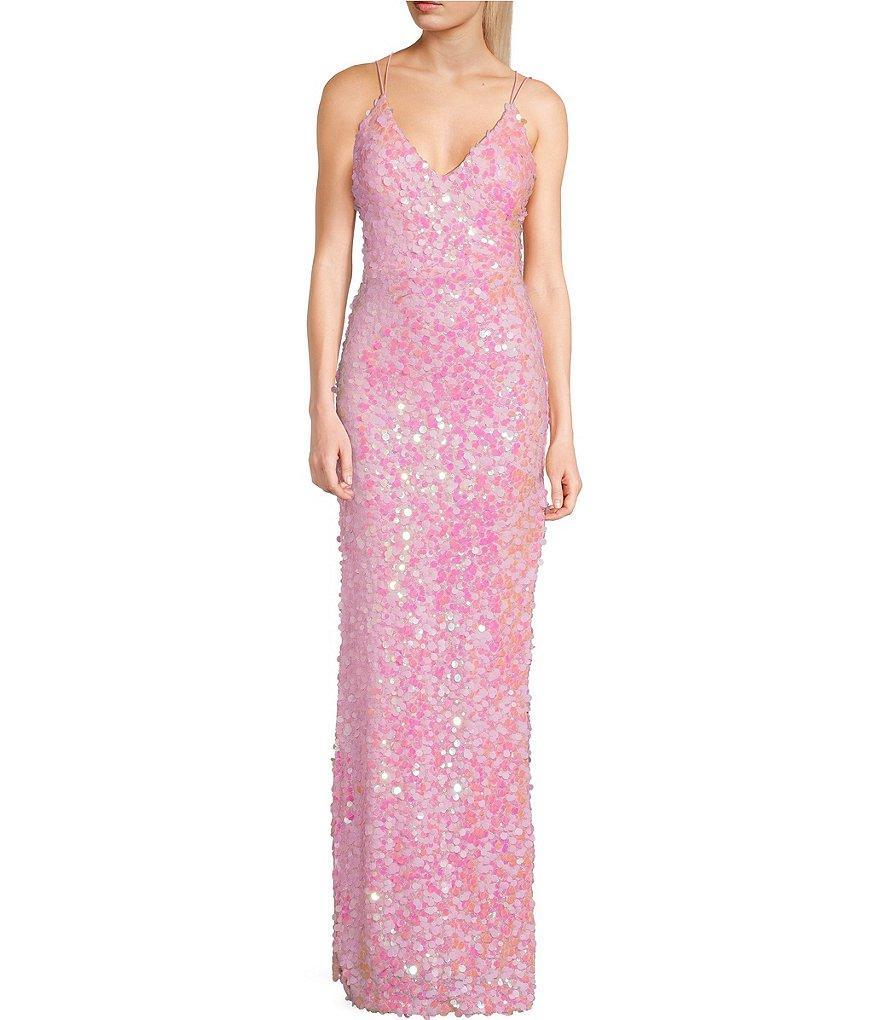 B. Darlin Sequin V-Neck Spaghetti Strap Side Slit Long Dress Product Image