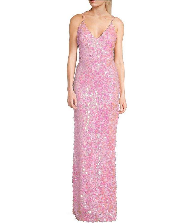 B. Darlin Sequin V-Neck Spaghetti Strap Side Slit Long Dress Product Image