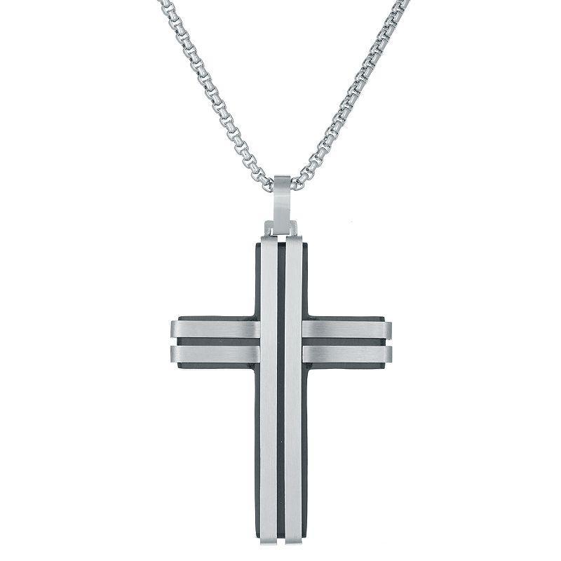 Mens LYNX Stainless Steel Black Ion Layered Cross Pendant Two Tone Product Image