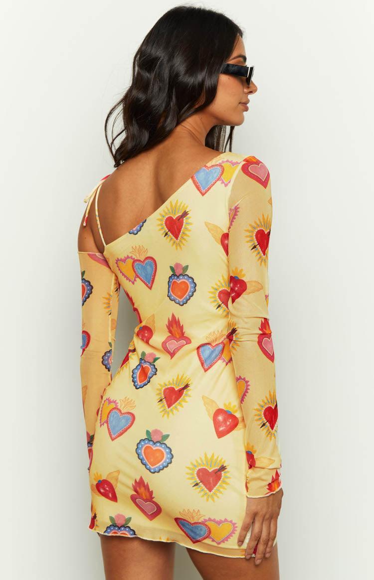 Wild At Heart Yellow Printed Mesh Long Sleeve Mini Dress Product Image