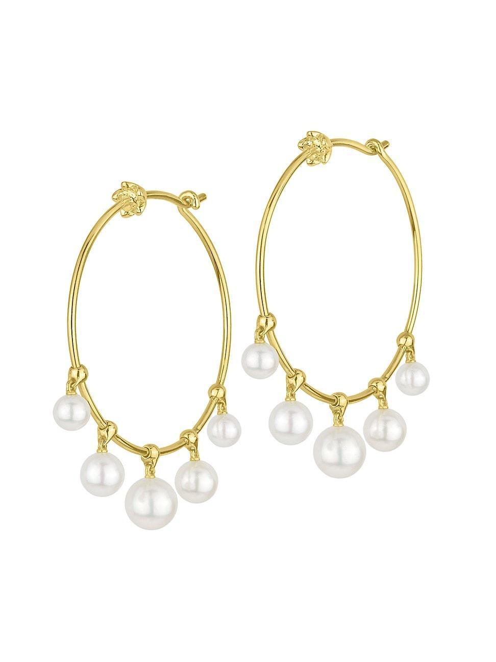 Womens Wind Chime 18K Yellow Gold & Akoya Pearls Hoop Earrings Product Image