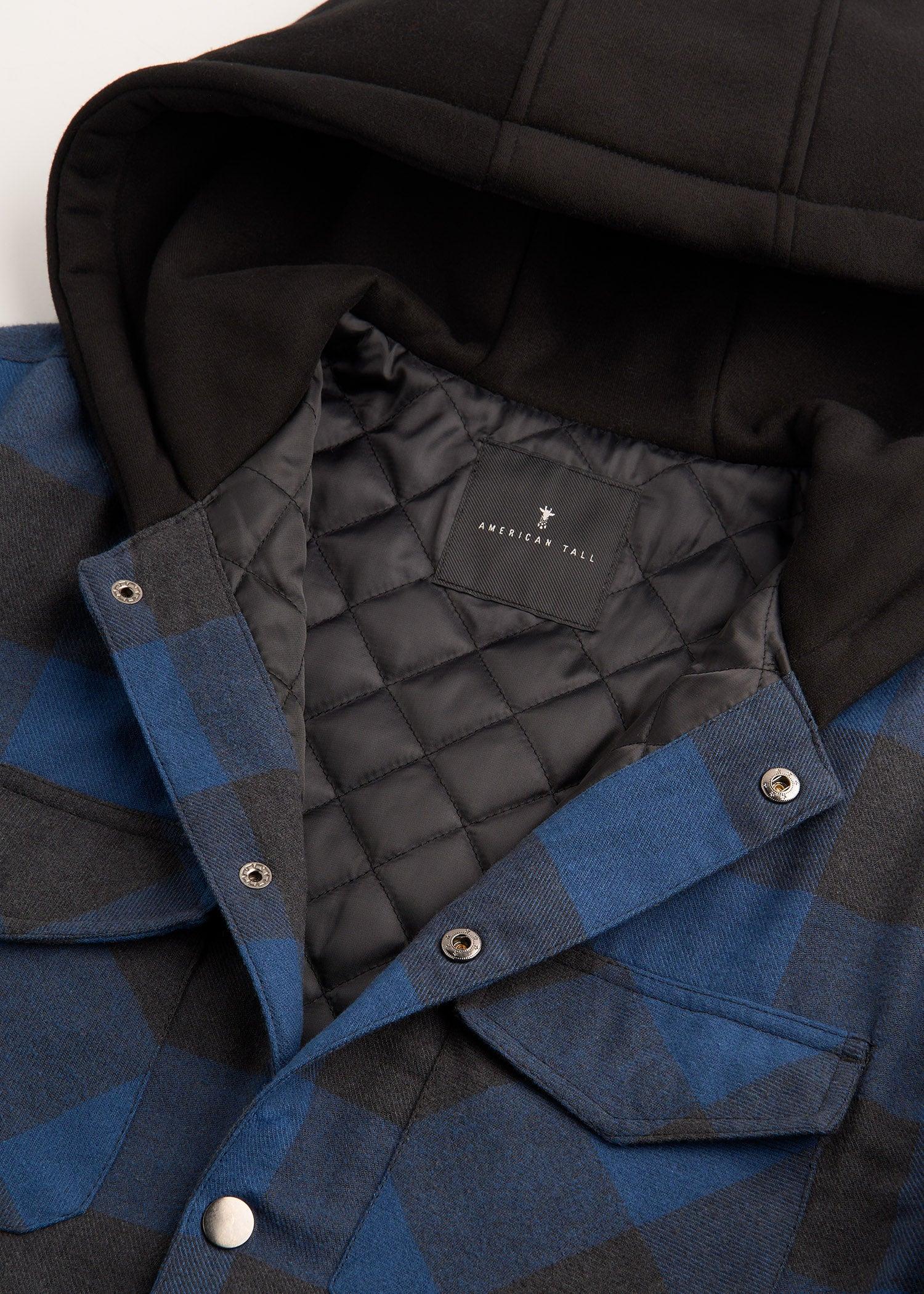 Hooded Flannel Shirt Jacket for Tall Men in Black and Blue Check Product Image