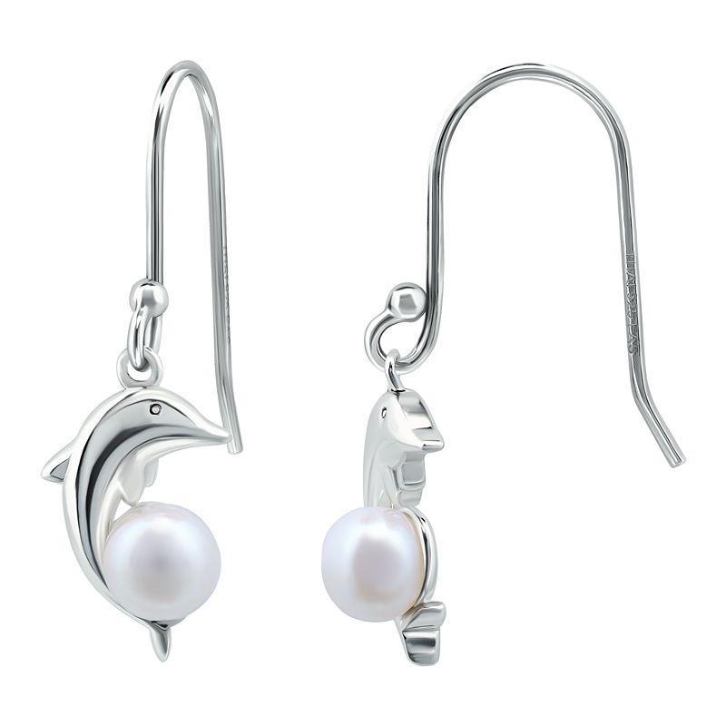 Aleure Precioso Sterling Silver Dolphin & Freshwater Cultured Pearl Drop Fishhook Earrings, Womens, Silver Tone Product Image