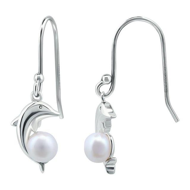 Aleure Precioso Sterling Silver Dolphin & Freshwater Cultured Pearl Drop Fishhook Earrings, Womens Product Image