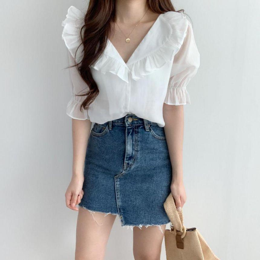 Puff Sleeve Collared Plain Ruffle Blouse Product Image