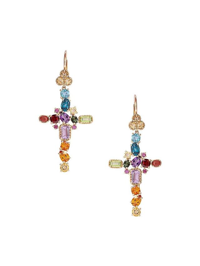 Womens Rainbow 18K Yellow Gold & Multi-Gemstone Cross Earrings Product Image