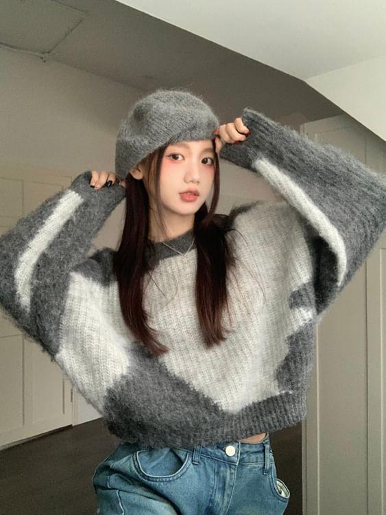 Round Neck Two Tone Crop Sweater Product Image