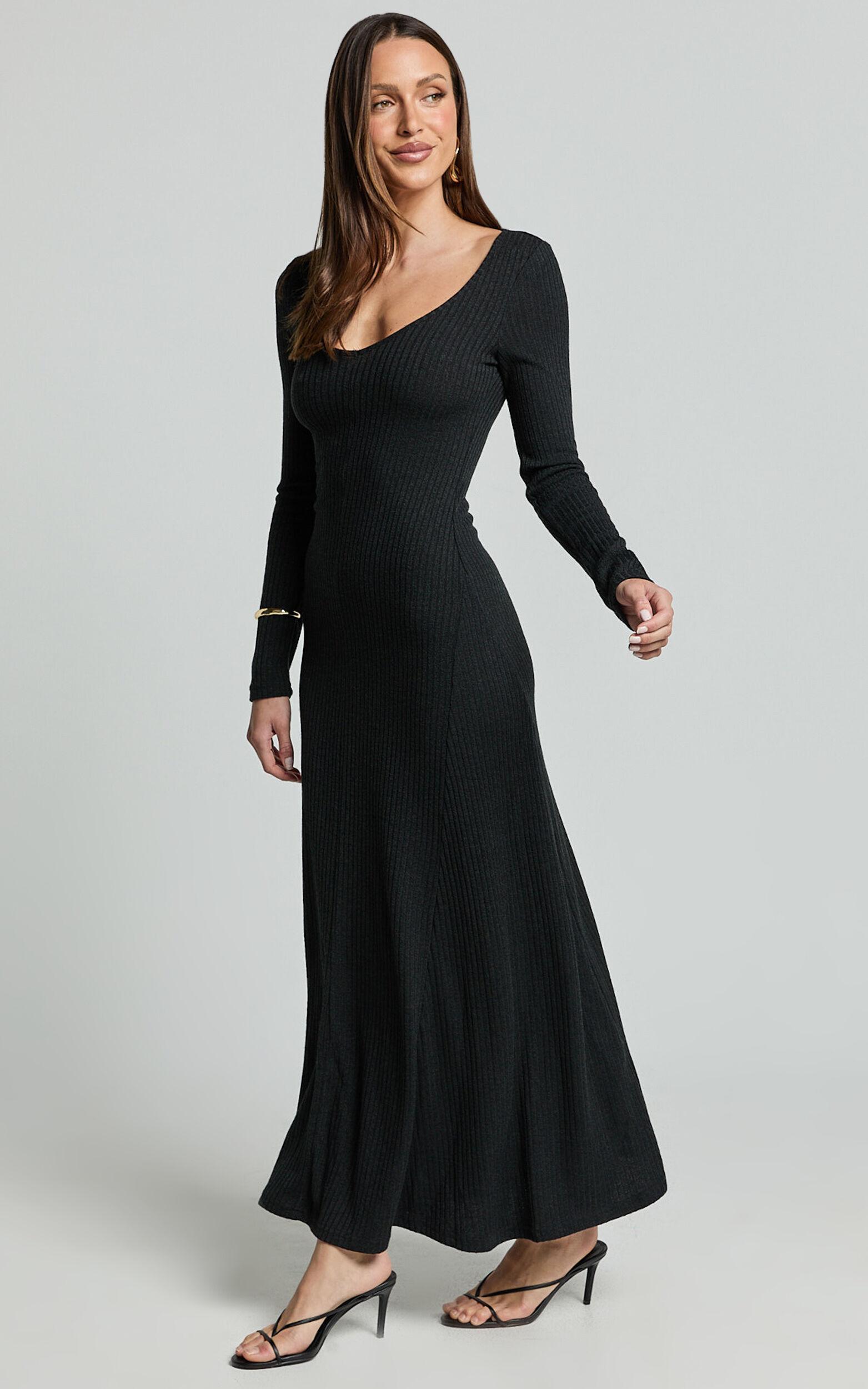 Lydia Midi Dress - V Neck Long Sleeve Knitted Dress in Black Product Image