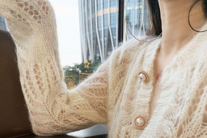 Round Neck Plain Faux Pearl Button Cardigan Product Image