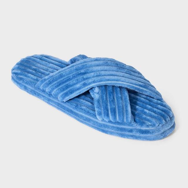 Womens Plush Corduroy Cross Over Slide Slipper Socks with Memory Foam Sole & Grippers - Auden Blue S/M Product Image