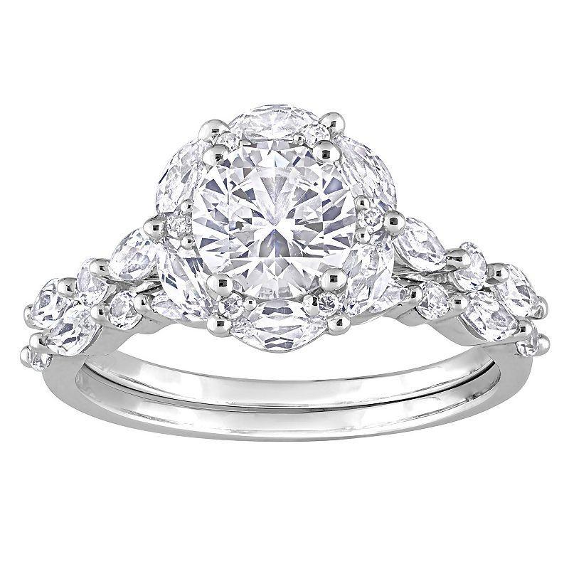 Stella Grace 10K White Gold Lab Created White Sapphire and Diamond Accent Halo Bridal Ring Set, Womens Product Image