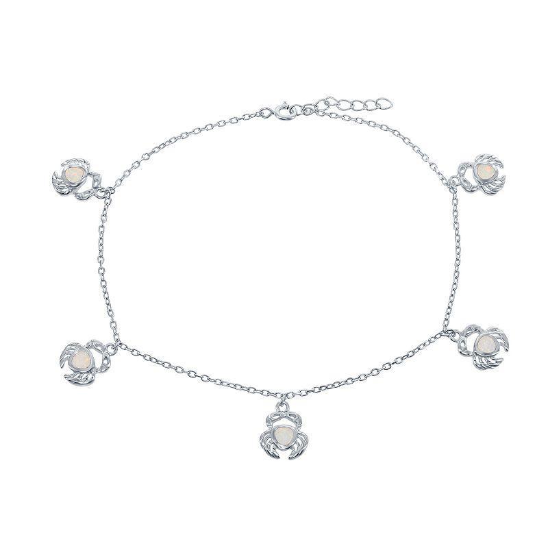 Sterling Silver Lab-Created Blue Opal Crab Anklet, Womens White Product Image