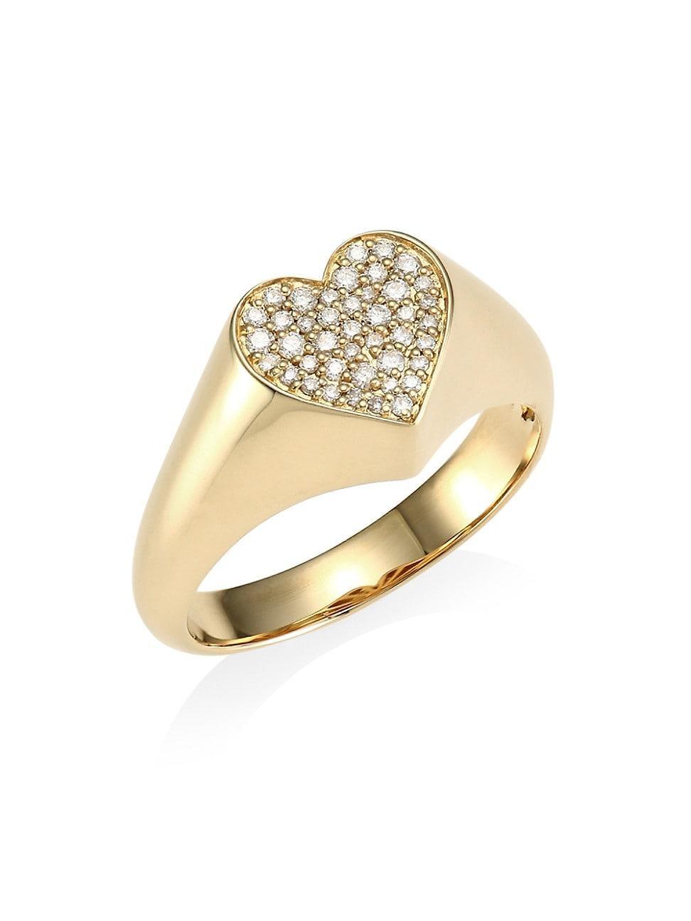 Womens 14K Yellow Gold & Pav Diamond Heart Signet Ring Product Image