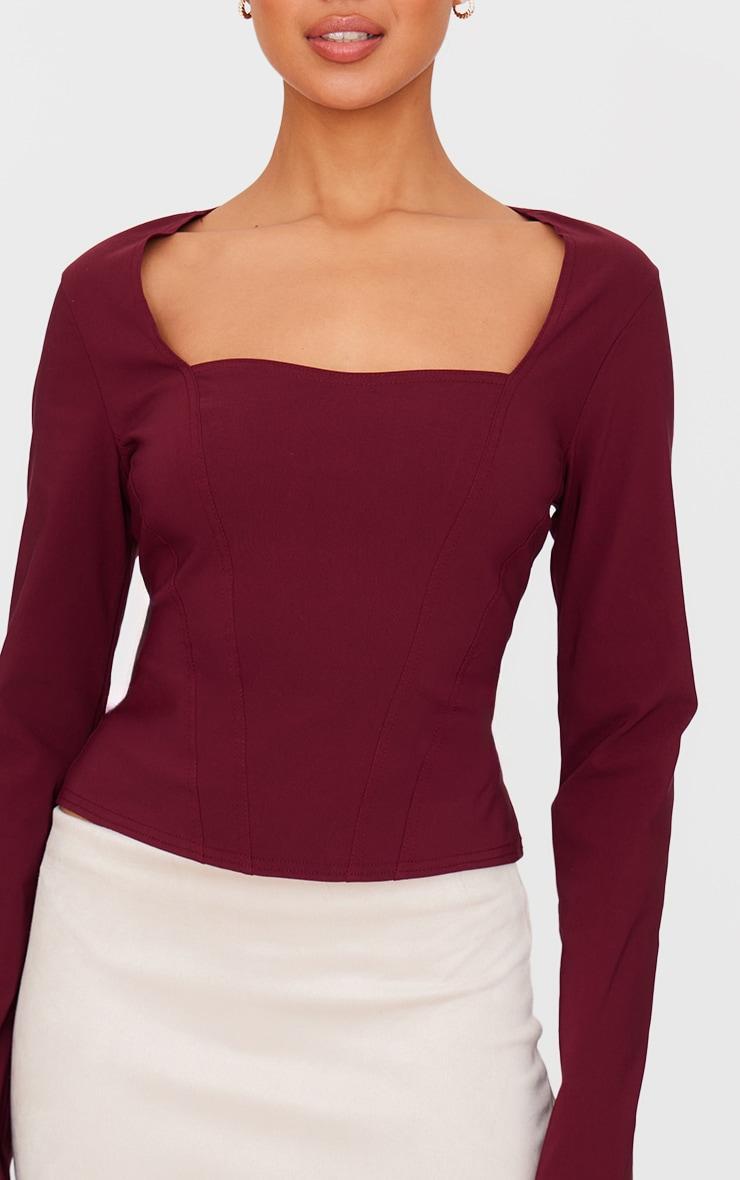 Burgundy Bengaline Square Neck Long Sleeve Top Product Image