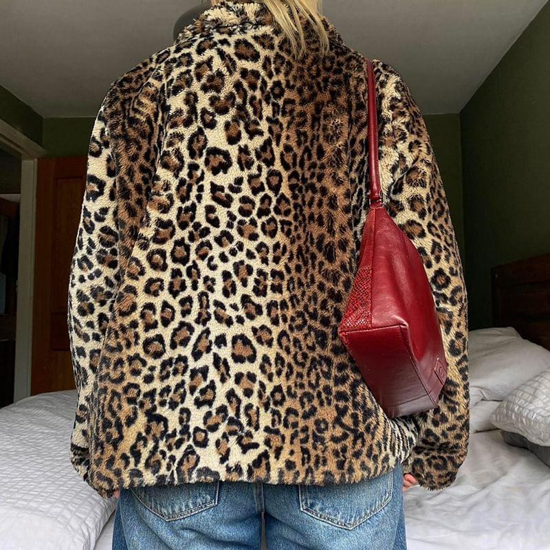 Stand Collar Leopard Print Fluffy Button-Up Jacket Product Image