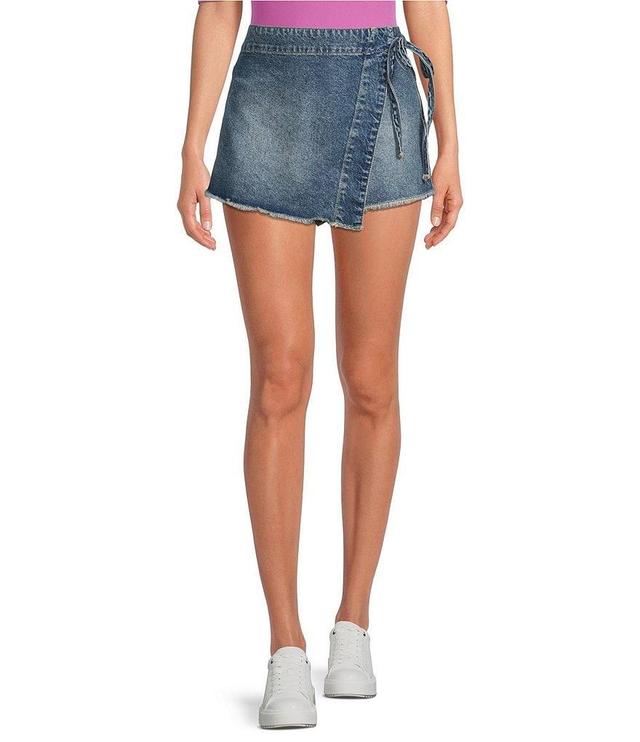 Free People Emmy Denim High Waisted Asymmetric Raw Hem Tie Side Mini Skort Product Image