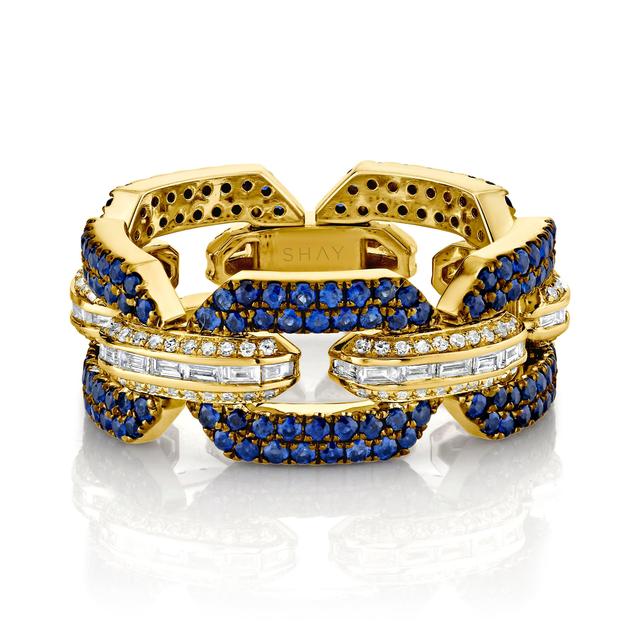 MEN'S BLUE SAPPHIRE & DIAMOND PAVE GEO LINK RING Male Product Image