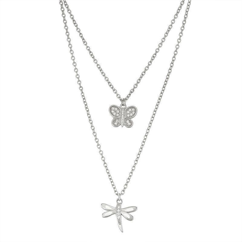 Sterling Silver Cubic Zirconia Butterfly & Dragonfly Layered Necklace, Womens White Product Image