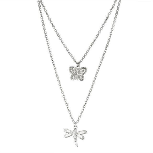 Sterling Silver Cubic Zirconia Butterfly & Dragonfly Layered Necklace, Womens White Product Image