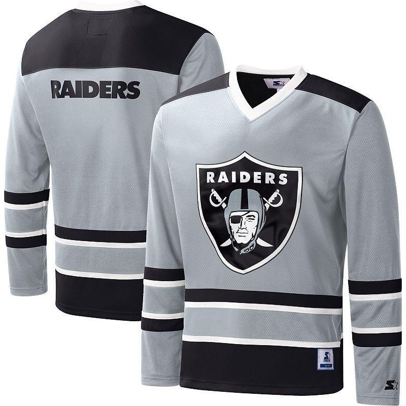 Mens Starter Silver Las Vegas Raiders Cross-Check V-Neck Long Sleeve T-Shirt Product Image