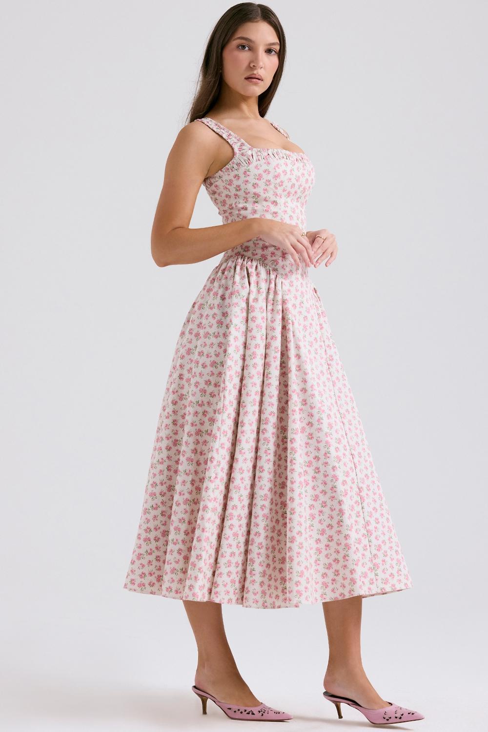 Dorothy White Rosebud Print Cotton Midi Sundress Product Image