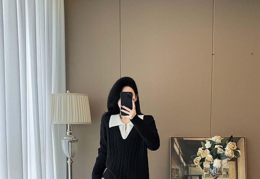 Set: Collared Mock Two-Piece Two Tone Cable Knit Half-Zip Sweater + High Waist Plain Wide Leg Pants Product Image