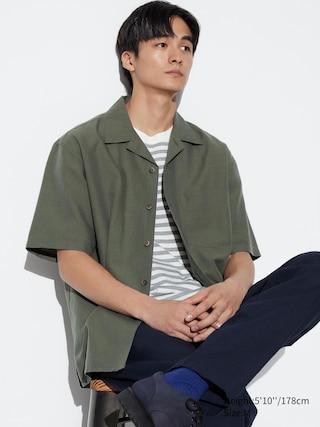 Mens Cotton Linen Open Collar Shirt Short-Sleeve Olive Large UNIQLO US Product Image