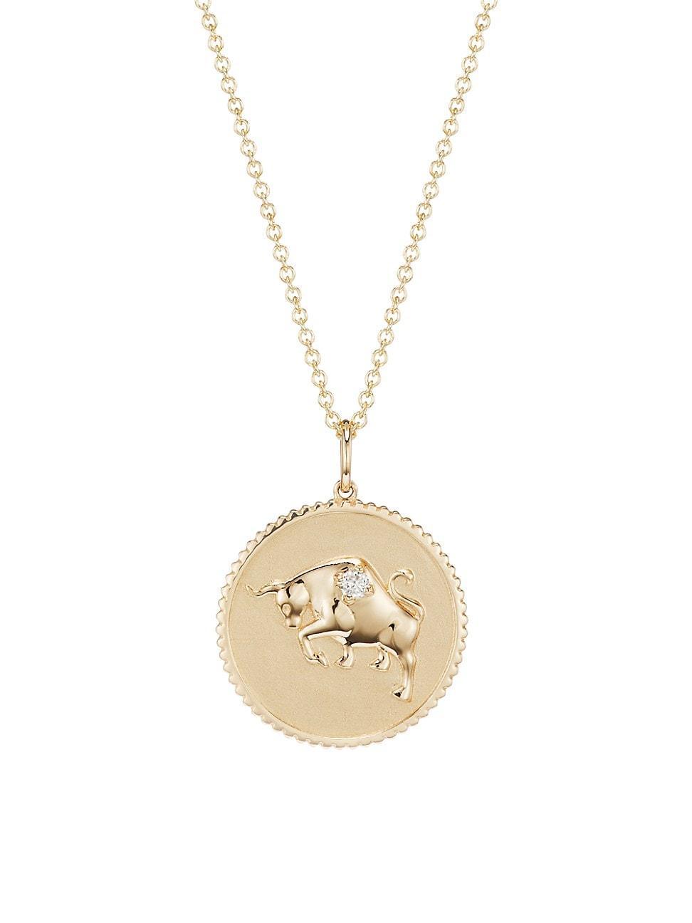 Womens 14K Yellow Gold & Diamond Large Taurus Medallion Pendant Necklace Product Image