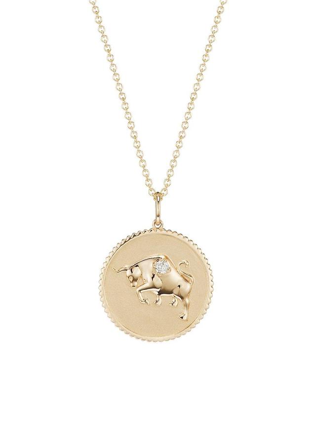 Womens 14K Yellow Gold & Diamond Large Taurus Medallion Pendant Necklace Product Image