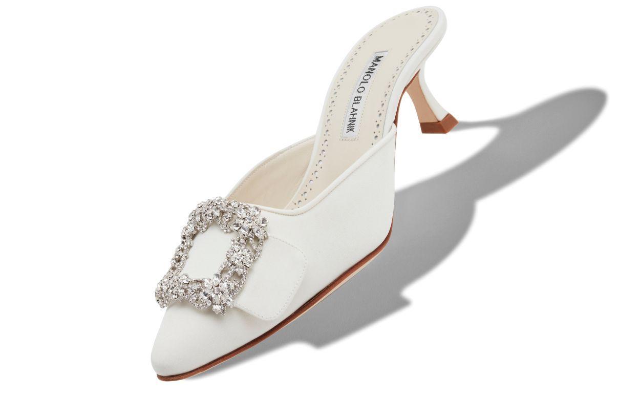 MAYSALE JEWEL White Satin Crystal Buckle Mules Product Image