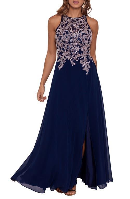 Betsy  Adam Beaded Embroidery Chiffon Halter Neck Keyhole Back Detail Sleeveless Gown Product Image