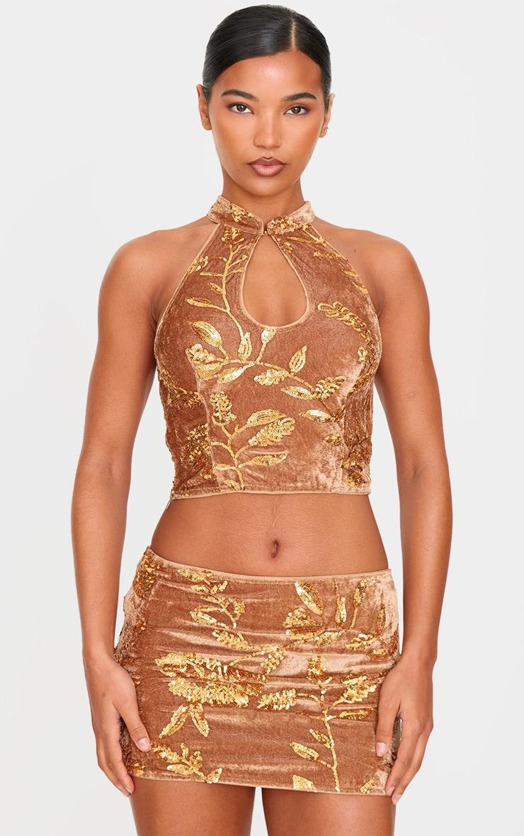 Golden Olive Velvet Floral Sequin Embellished Band Collar Crop Top Product Image