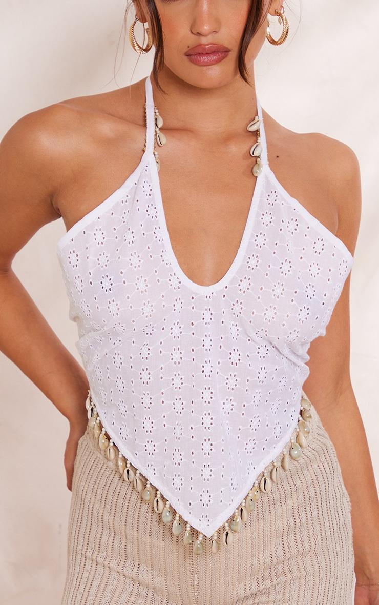 White Broderie Shell Detail Halter Crop Top Product Image