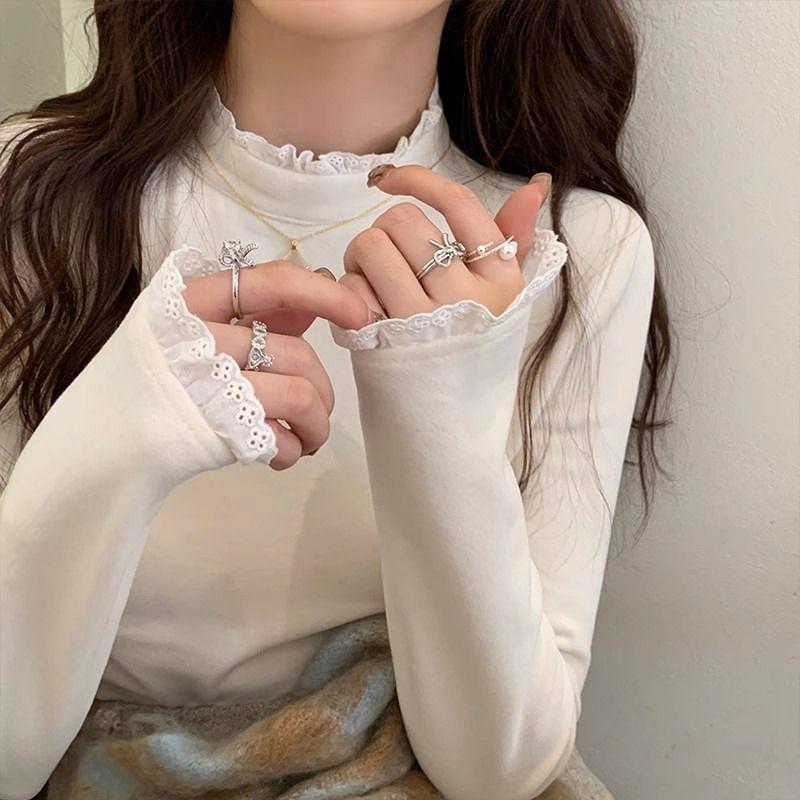 Long-Sleeve High Neck Eyelet Lace Trim T-Shirt Product Image