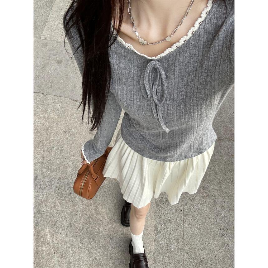 Long-Sleeve Plain Bow Lace Trim Ribbed Knit Top Product Image